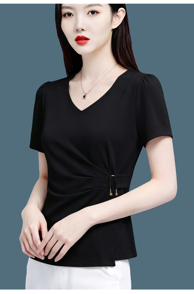 검정색 광장 칼라 긍정적 인 어깨 캐주얼 반팔 미니멀리즘 작은 셔츠 티셔츠 여성 2026 년 여름 얇은 스타일 허리 수축 슬림해 보이는 맨위 상세 이미지 26