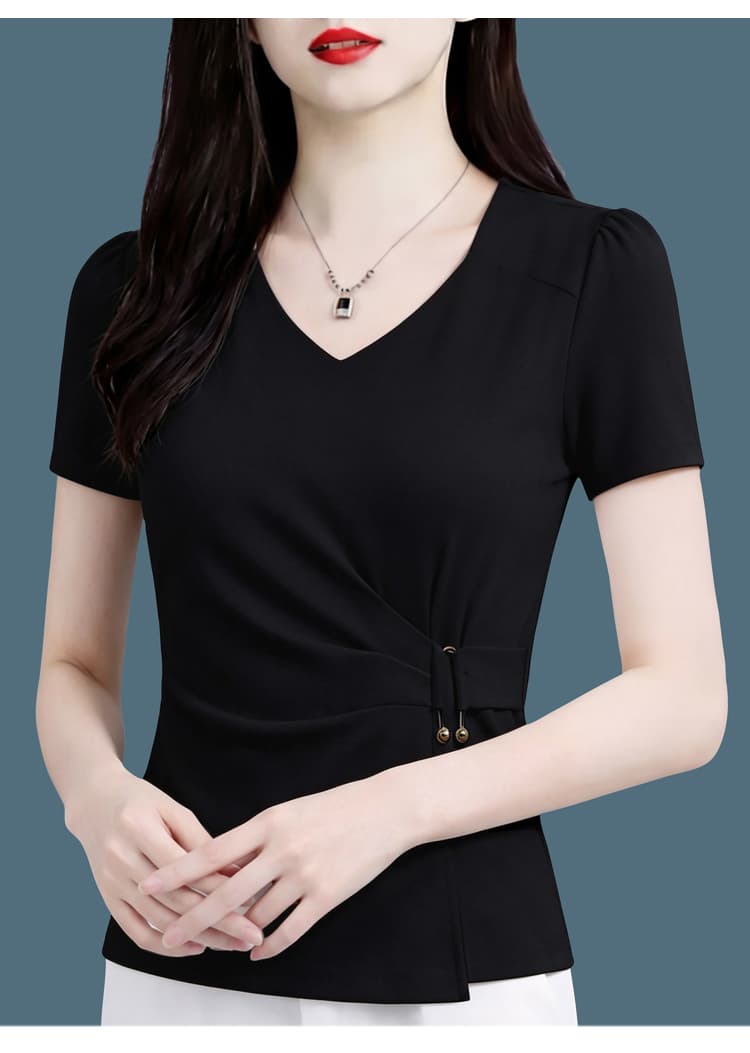 검정색 광장 칼라 긍정적 인 어깨 캐주얼 반팔 미니멀리즘 작은 셔츠 티셔츠 여성 2026 년 여름 얇은 스타일 허리 수축 슬림해 보이는 맨위 상세 이미지 28