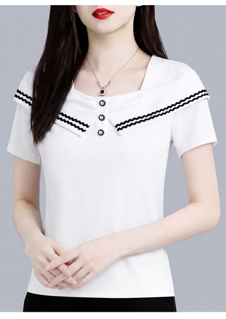 작은 샤넬 스타일 물결무늬 곡물 광장 칼라 여름 반팔 여성 맨위 몸매 가꾸기 슬림해 보이는 있음 품격 패션 다시 다용도 상세 이미지 15
