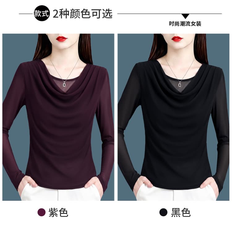 이른 가을 신제품 긴팔 말뚝 더미 칼라 기본 셔츠 다용도 여성 셔츠 높은 탄력성 망사 슬림해 보이는 표지 고기 섹션 어머니 드레스 상세 이미지 4