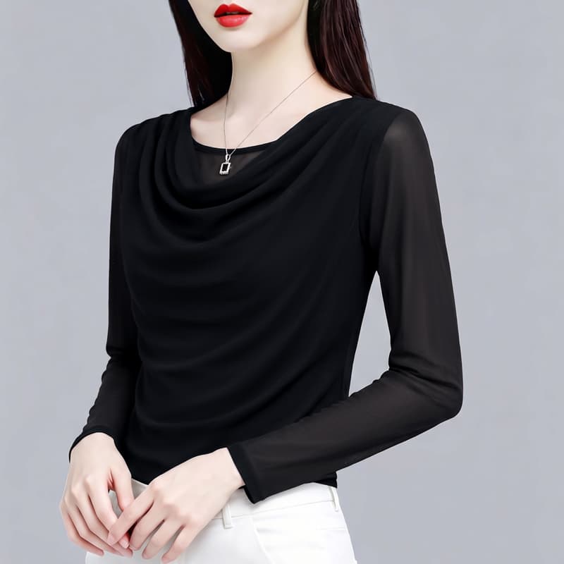이른 가을 신제품 긴팔 말뚝 더미 칼라 기본 셔츠 다용도 여성 셔츠 높은 탄력성 망사 슬림해 보이는 표지 고기 섹션 어머니 드레스 이미지 5