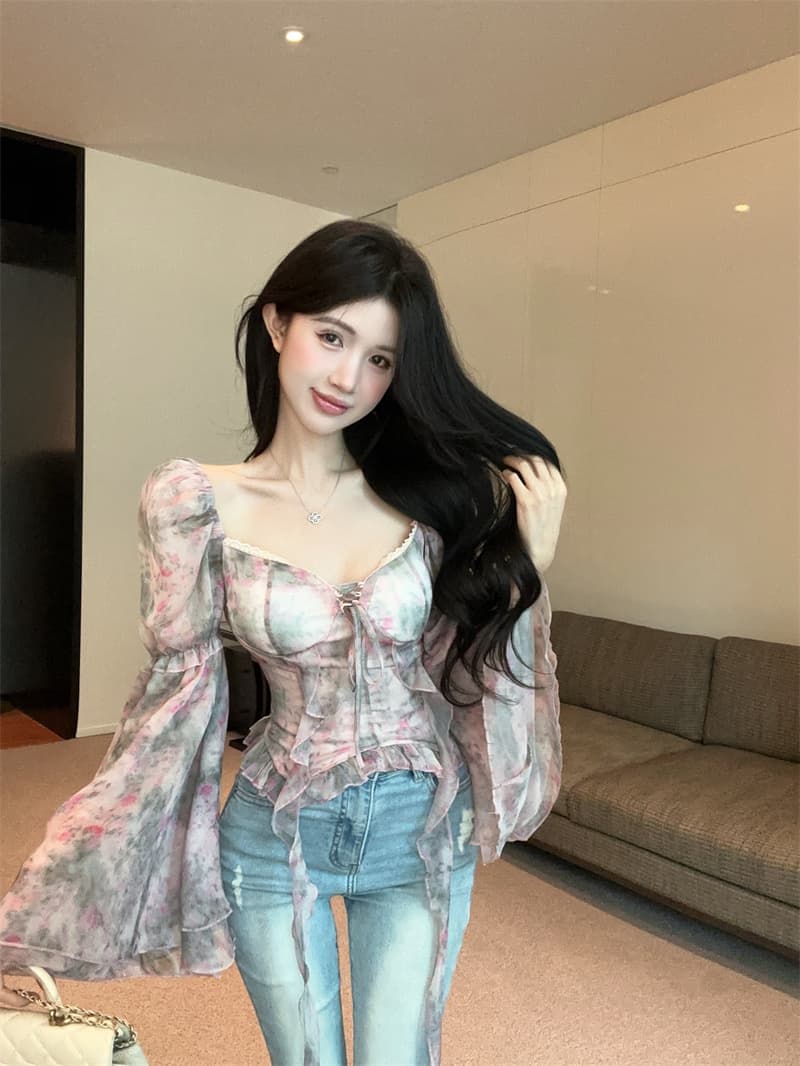 실사 정가 프랑스식 꽃무늬 불규칙 쉬폰 나팔 소매 여성 셔츠 품격 허리 수축 디자인 센스 순수한 욕망 맨위 상세 이미지 3