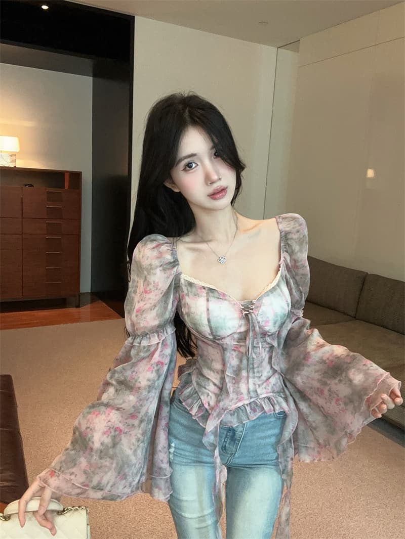 실사 정가 프랑스식 꽃무늬 불규칙 쉬폰 나팔 소매 여성 셔츠 품격 허리 수축 디자인 센스 순수한 욕망 맨위 상세 이미지 6
