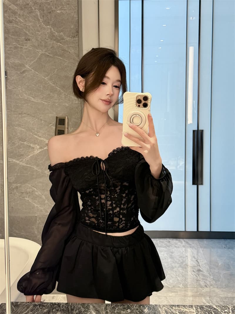 실사 정가 섹시함 레이스 조각 쉬폰 긴팔 몸매 가꾸기 슬림해 보이는 핫걸 봄 셔츠 상세 이미지 10