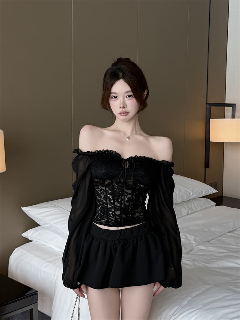 실사 정가 섹시함 레이스 조각 쉬폰 긴팔 몸매 가꾸기 슬림해 보이는 핫걸 봄 셔츠 상세 이미지 15