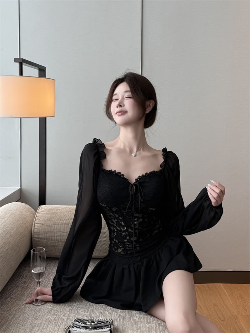 실사 정가 섹시함 레이스 조각 쉬폰 긴팔 몸매 가꾸기 슬림해 보이는 핫걸 봄 셔츠 상세 이미지 18