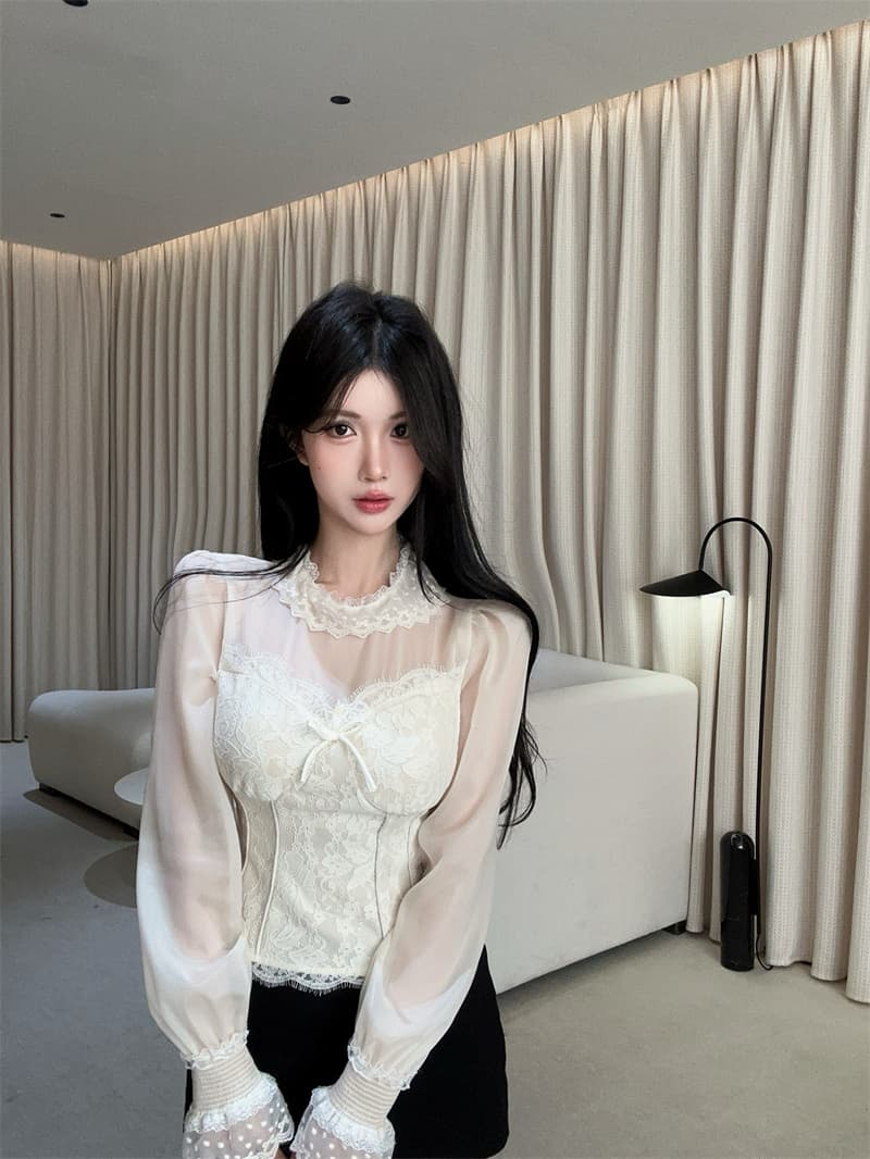 실사 정가 2026 년 이른 봄 레트로 망사 레이스 조각 인사이드 가져 가라. 셔츠 무거운 작업 절묘한 허리 수축 셔츠 상세 이미지 10