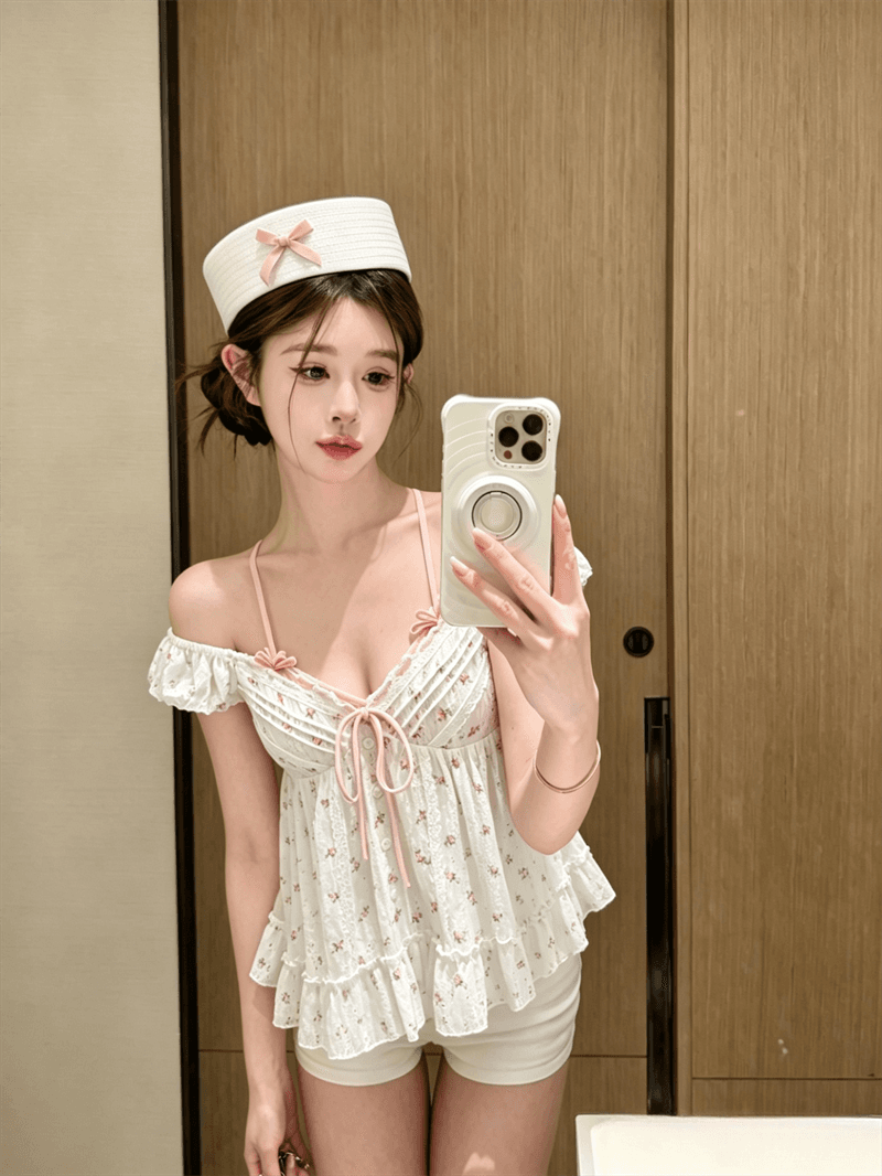 실사 정가 달콤한 스타일 페이크 레이어드 꽃무늬 나비 매듭 거품 소매 여성 셔츠 여름 V넥 슬림해 보이는 연령 감소 맨위 상세 이미지 1