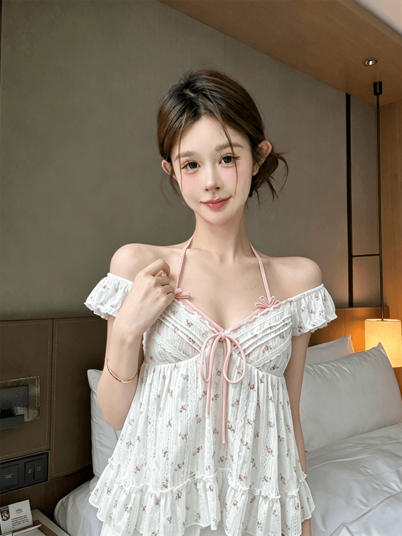 실사 정가 달콤한 스타일 페이크 레이어드 꽃무늬 나비 매듭 거품 소매 여성 셔츠 여름 V넥 슬림해 보이는 연령 감소 맨위 상세 이미지 4