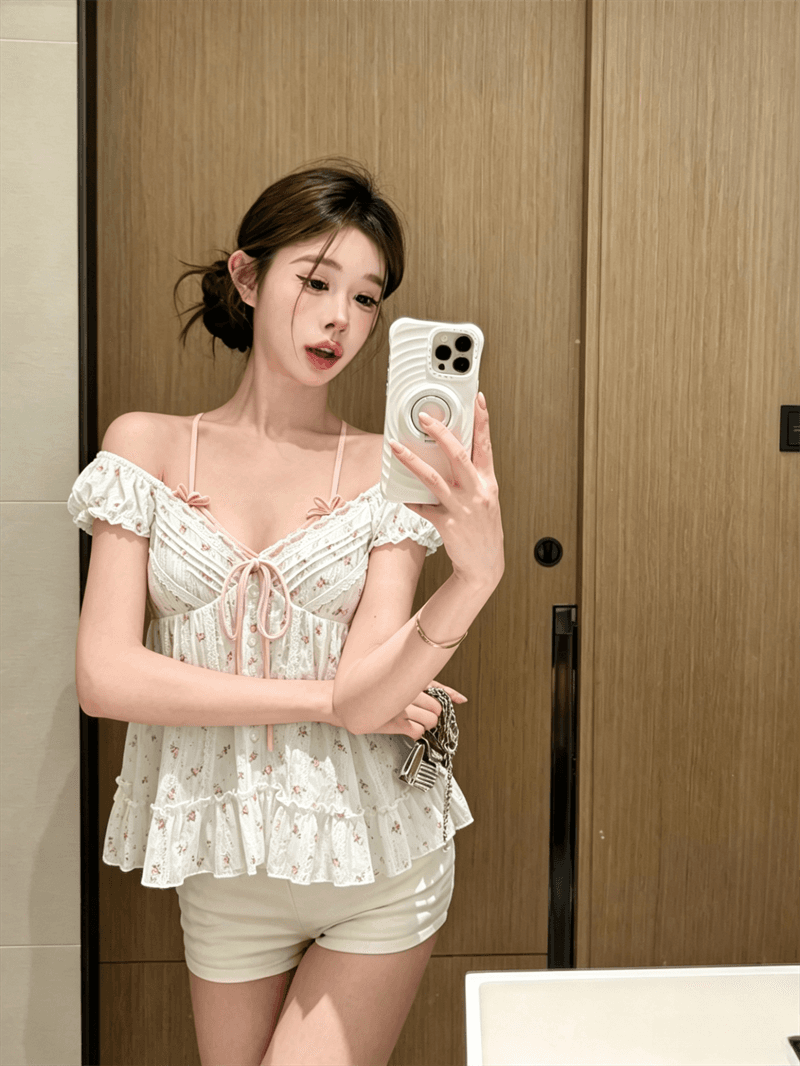 실사 정가 달콤한 스타일 페이크 레이어드 꽃무늬 나비 매듭 거품 소매 여성 셔츠 여름 V넥 슬림해 보이는 연령 감소 맨위 상세 이미지 5