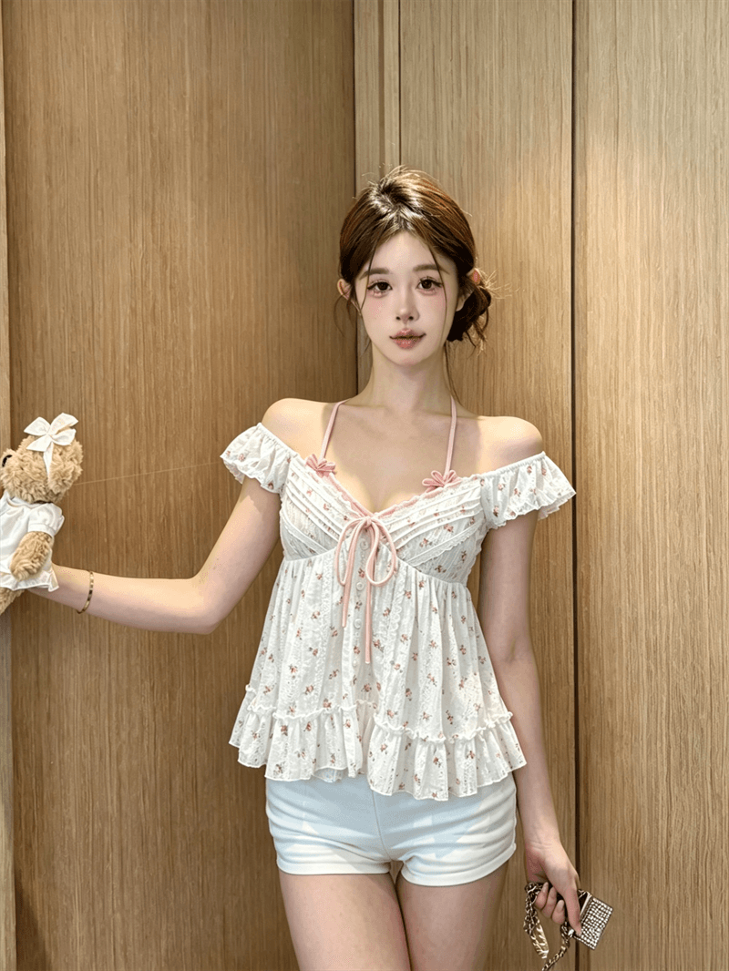 실사 정가 달콤한 스타일 페이크 레이어드 꽃무늬 나비 매듭 거품 소매 여성 셔츠 여름 V넥 슬림해 보이는 연령 감소 맨위 상세 이미지 8