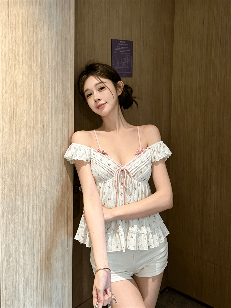 실사 정가 달콤한 스타일 페이크 레이어드 꽃무늬 나비 매듭 거품 소매 여성 셔츠 여름 V넥 슬림해 보이는 연령 감소 맨위 상세 이미지 10