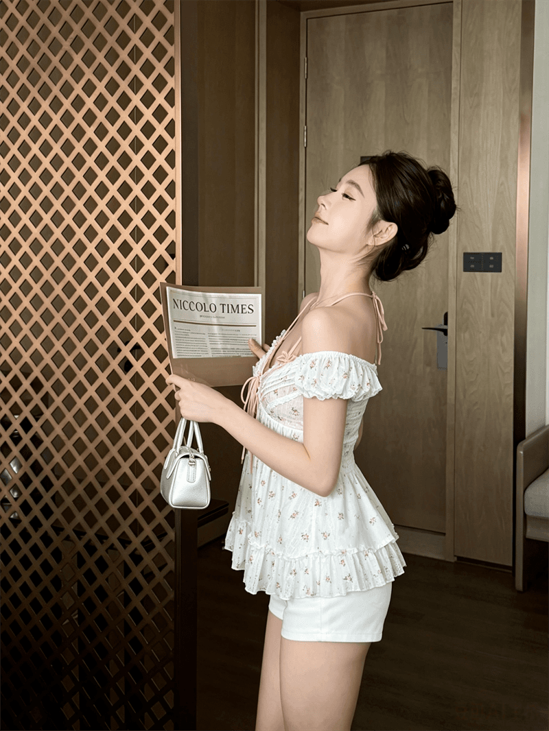 실사 정가 달콤한 스타일 페이크 레이어드 꽃무늬 나비 매듭 거품 소매 여성 셔츠 여름 V넥 슬림해 보이는 연령 감소 맨위 상세 이미지 11