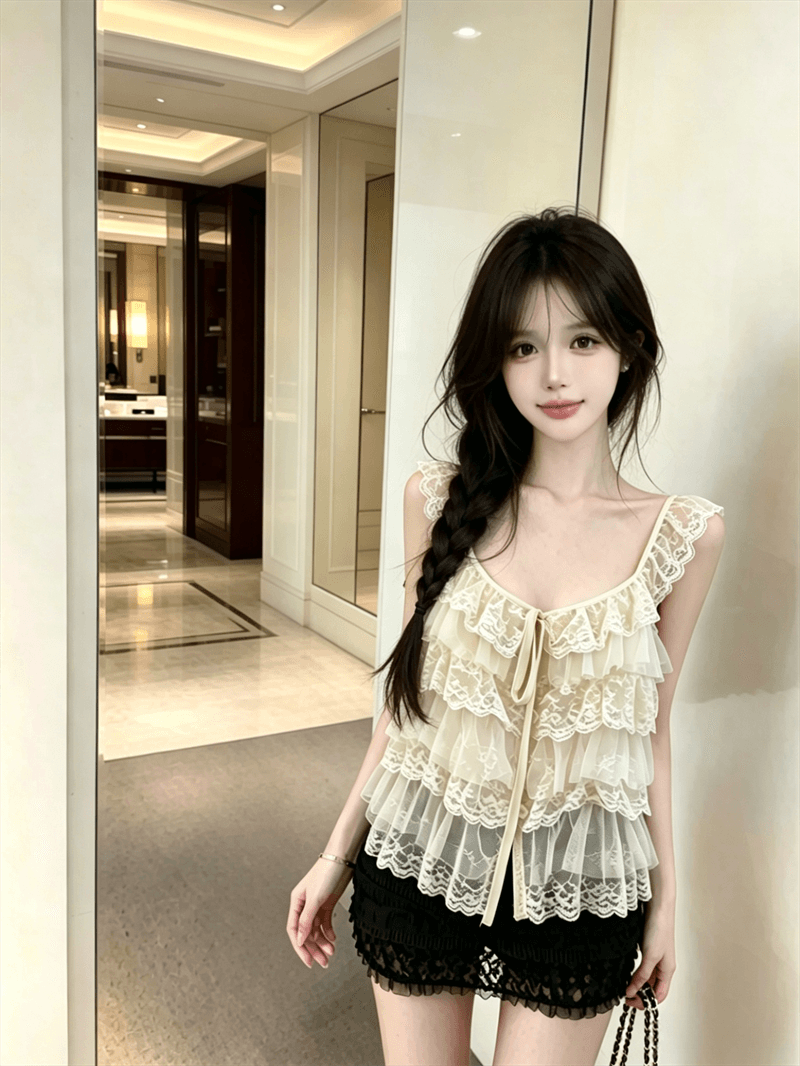 실사 정가 프랑스식 달콤함 패션 레이스 스택 층 장식 캐미솔 외출용 작은 대중 민소매 맨위 상세 이미지 4