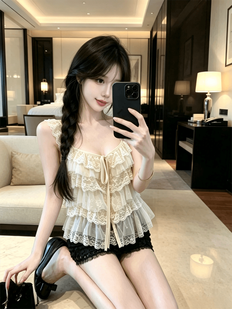 실사 정가 프랑스식 달콤함 패션 레이스 스택 층 장식 캐미솔 외출용 작은 대중 민소매 맨위 상세 이미지 9