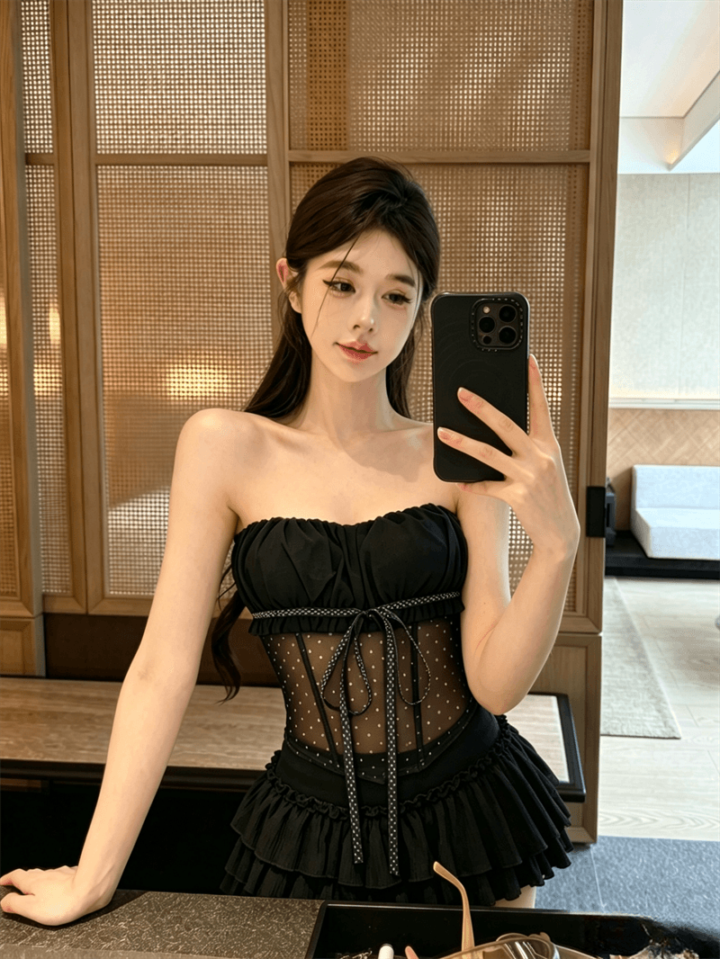 실사 정가 순수한 욕망 핫걸 섹시함 도트 무늬 튜브탑 디자인 몸매 가꾸기 나비 넥타이 조끼 나만의 것을 가져와 라. 가슴 패드 이미지 2