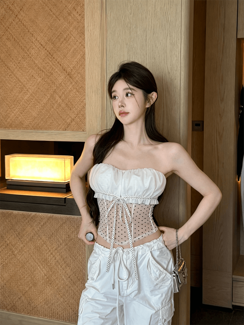 실사 정가 순수한 욕망 핫걸 섹시함 도트 무늬 튜브탑 디자인 몸매 가꾸기 나비 넥타이 조끼 나만의 것을 가져와 라. 가슴 패드 상세 이미지 4