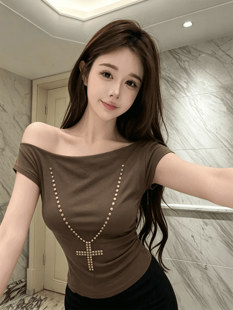 실사 정가 아메리칸 레트로 핫걸 십자가 핫픽스 비스듬한 어깨 반팔 티셔츠 여성 2026 여름 몸매 가꾸기 맨위 상세 이미지 1
