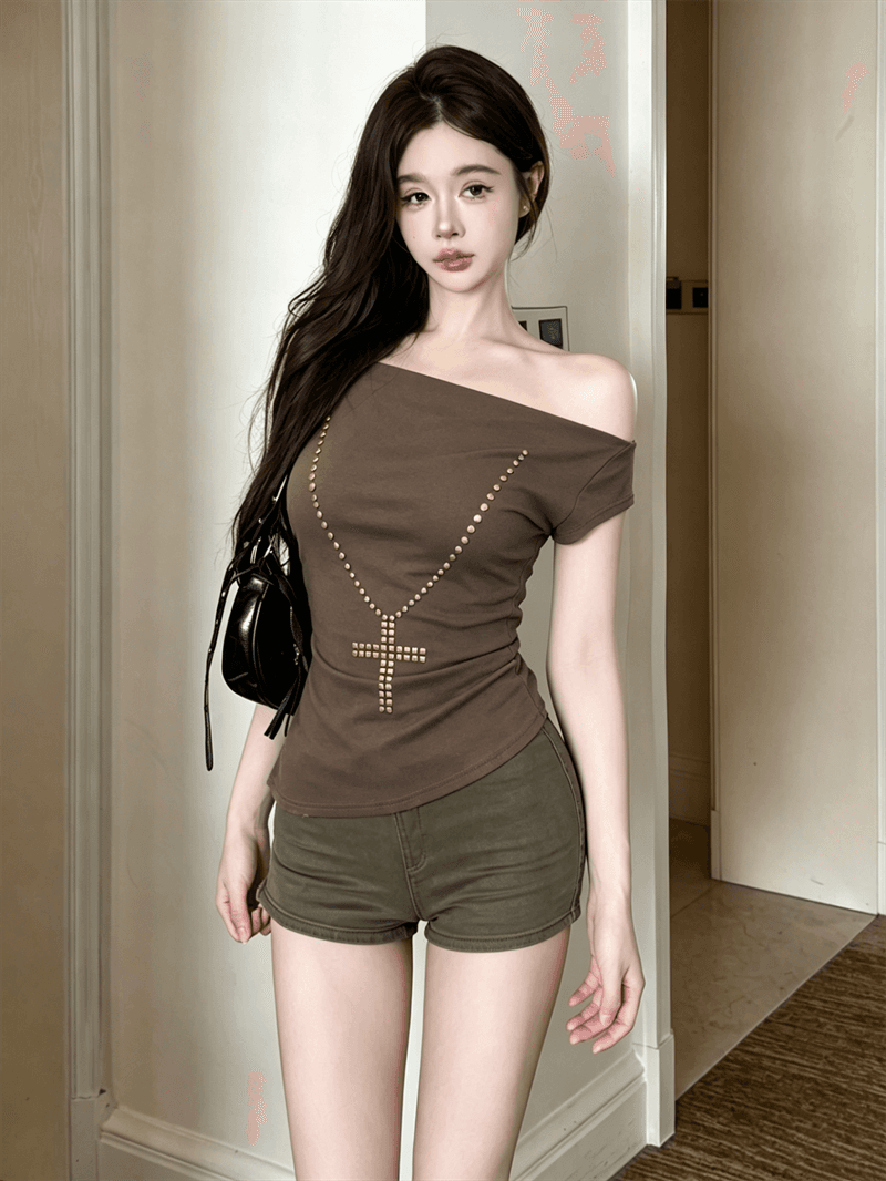 실사 정가 아메리칸 레트로 핫걸 십자가 핫픽스 비스듬한 어깨 반팔 티셔츠 여성 2026 여름 몸매 가꾸기 맨위 상세 이미지 4