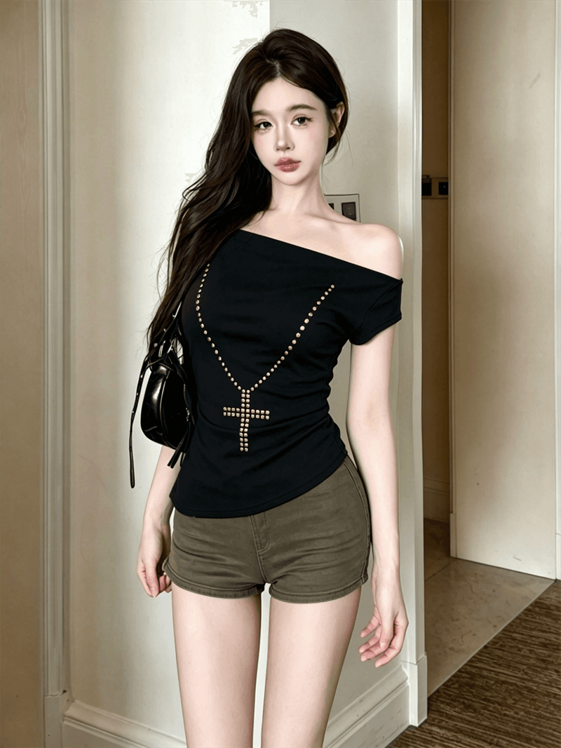 실사 정가 아메리칸 레트로 핫걸 십자가 핫픽스 비스듬한 어깨 반팔 티셔츠 여성 2026 여름 몸매 가꾸기 맨위 상세 이미지 13