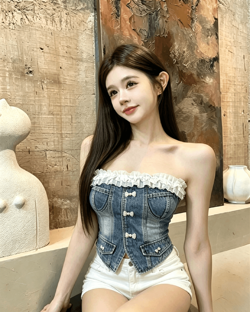 실사 정가 핫걸 레이스 데님 튜브탑 맨위 레트로 워싱 허리 수축 슬림해 보이는 외출용 포장 가슴 조끼 상세 이미지 8