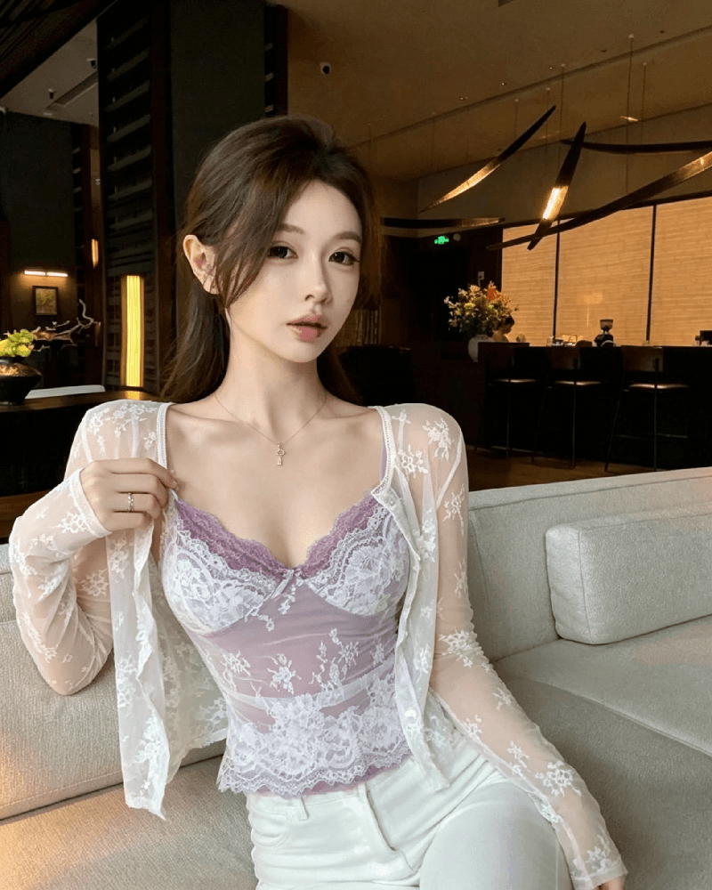 실사 정가 순수한 욕망 레이스 자카드 슬립 레이스 오픈 가디건 두 조각 여성 세트 여름 이미지 4