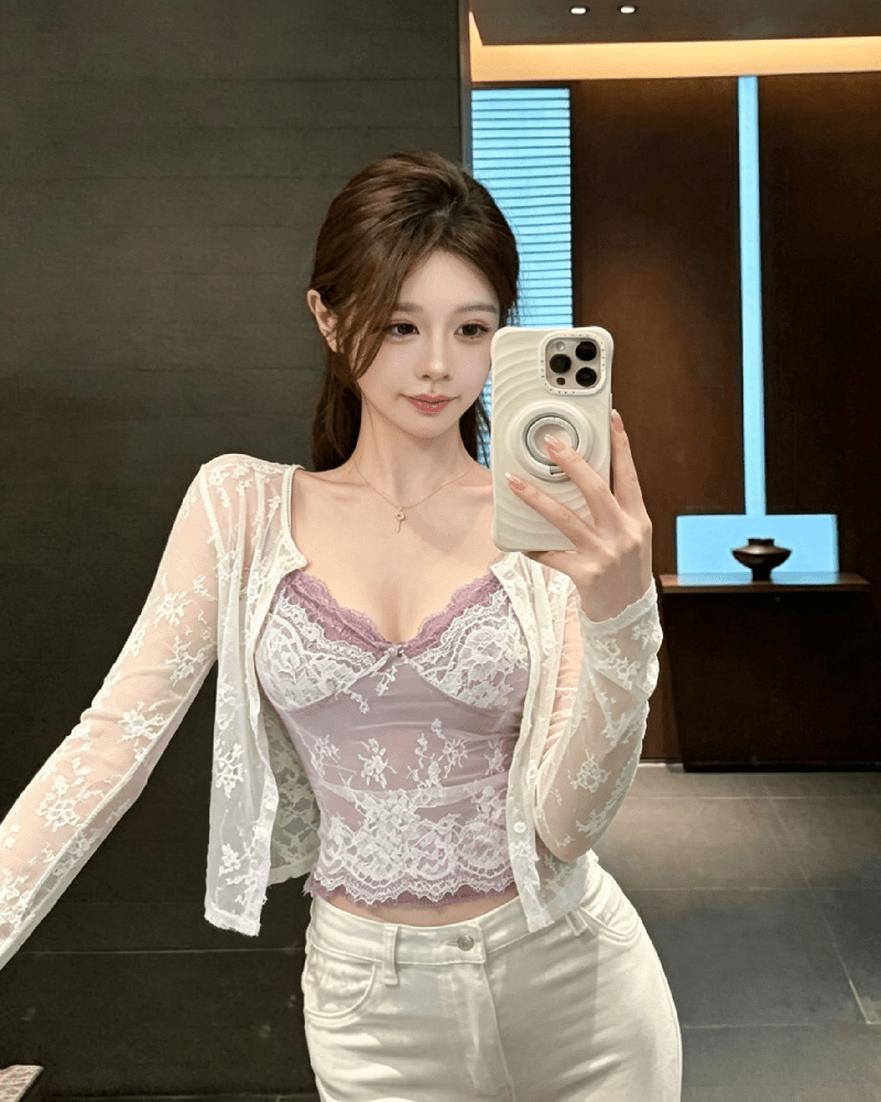 실사 정가 순수한 욕망 레이스 자카드 슬립 레이스 오픈 가디건 두 조각 여성 세트 여름 상세 이미지 1