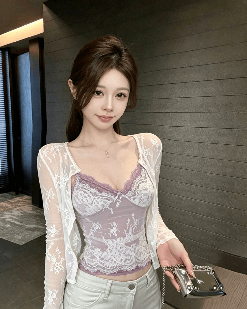 실사 정가 순수한 욕망 레이스 자카드 슬립 레이스 오픈 가디건 두 조각 여성 세트 여름 상세 이미지 5
