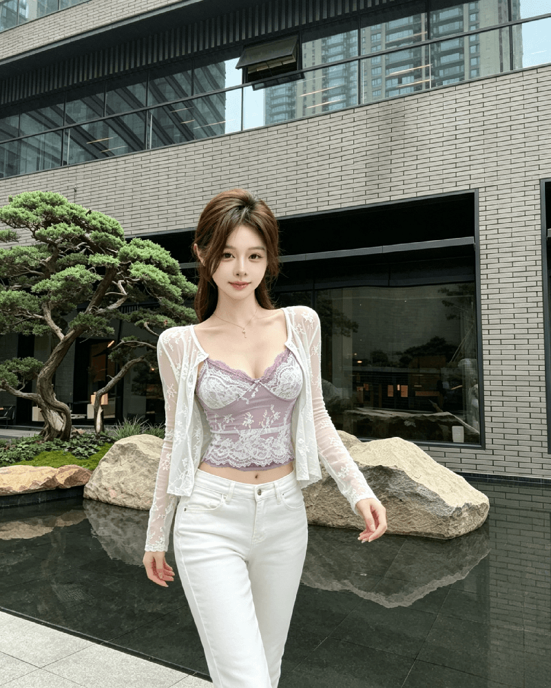 실사 정가 순수한 욕망 레이스 자카드 슬립 레이스 오픈 가디건 두 조각 여성 세트 여름 상세 이미지 9