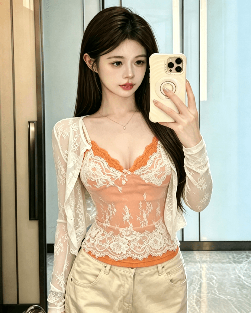 실사 정가 순수한 욕망 레이스 자카드 슬립 레이스 오픈 가디건 두 조각 여성 세트 여름 상세 이미지 11