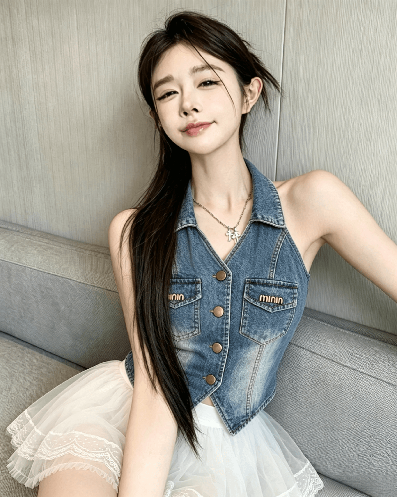 실사 정가 여름 섹시함 핫걸 아름다운 새로운 달콤한 매운맛 슬림해 보이는 폴로 칼라 행침 목 데님 조끼 이미지 3