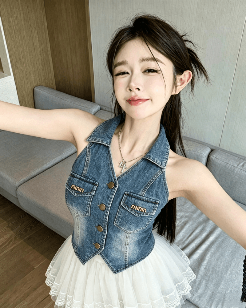 실사 정가 여름 섹시함 핫걸 아름다운 새로운 달콤한 매운맛 슬림해 보이는 폴로 칼라 행침 목 데님 조끼 이미지 4