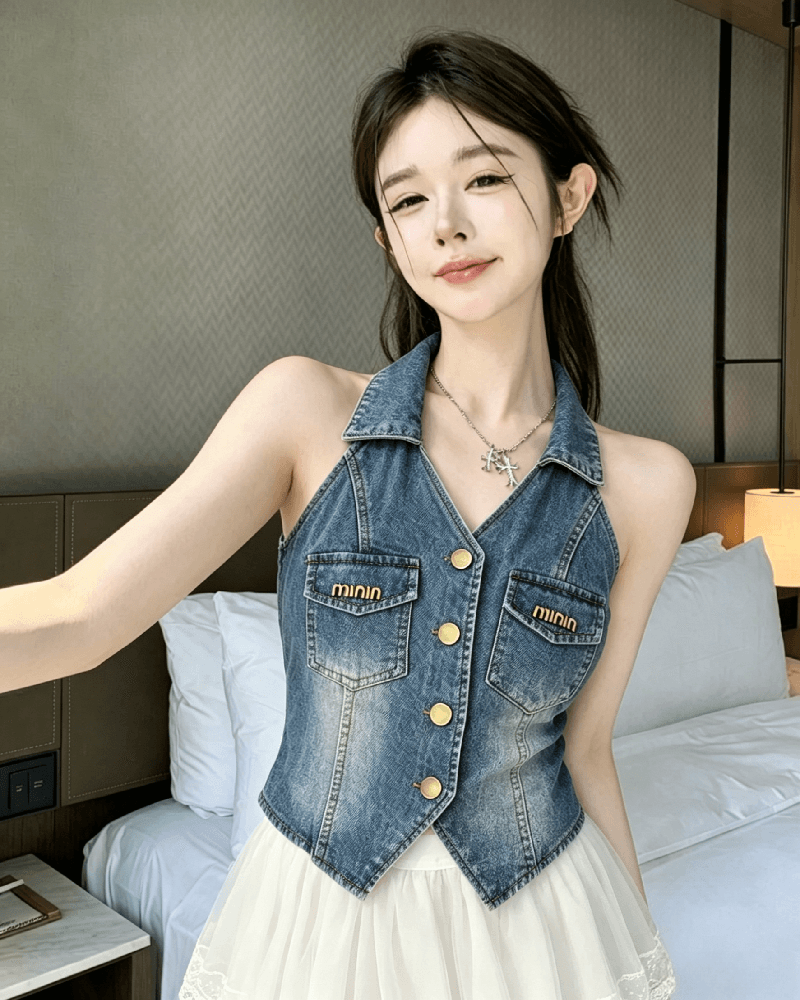 실사 정가 여름 섹시함 핫걸 아름다운 새로운 달콤한 매운맛 슬림해 보이는 폴로 칼라 행침 목 데님 조끼 상세 이미지 2