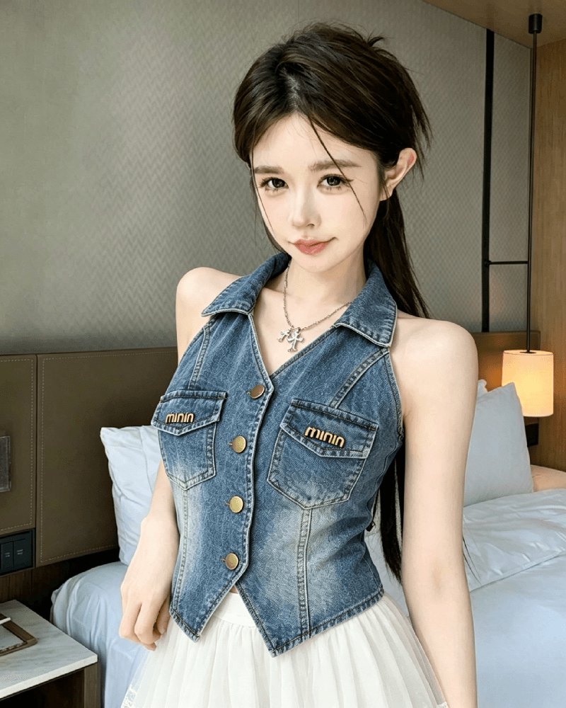 실사 정가 여름 섹시함 핫걸 아름다운 새로운 달콤한 매운맛 슬림해 보이는 폴로 칼라 행침 목 데님 조끼 상세 이미지 5