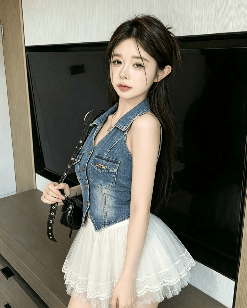 실사 정가 여름 섹시함 핫걸 아름다운 새로운 달콤한 매운맛 슬림해 보이는 폴로 칼라 행침 목 데님 조끼 상세 이미지 7