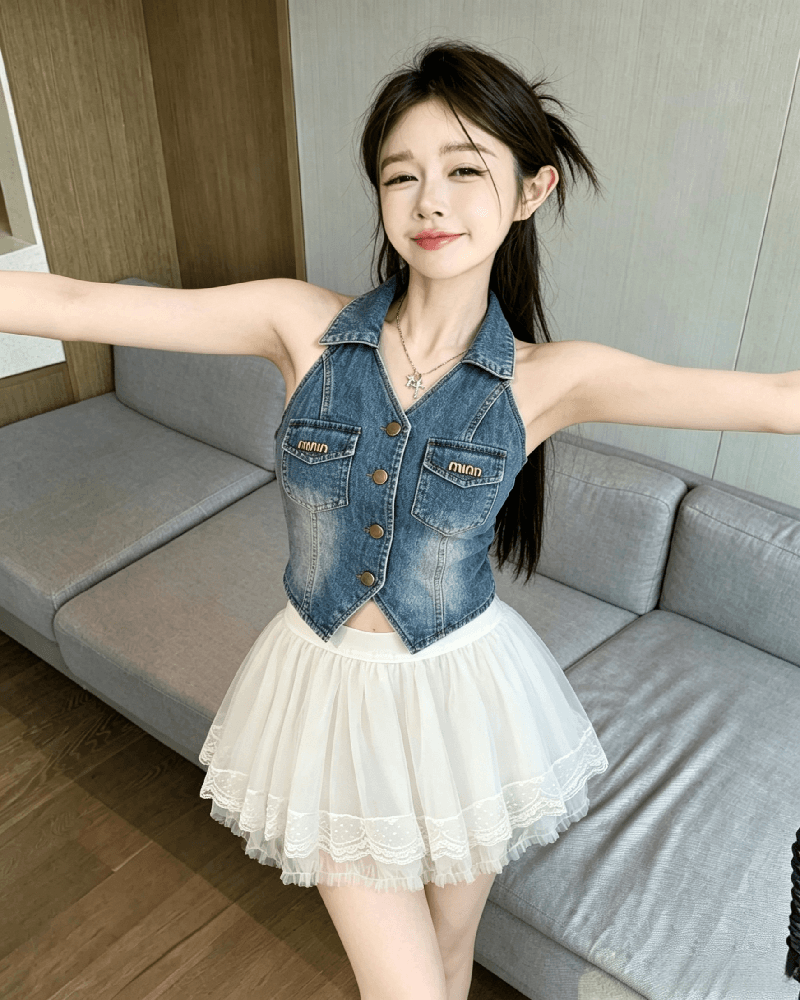 실사 정가 여름 섹시함 핫걸 아름다운 새로운 달콤한 매운맛 슬림해 보이는 폴로 칼라 행침 목 데님 조끼 상세 이미지 11