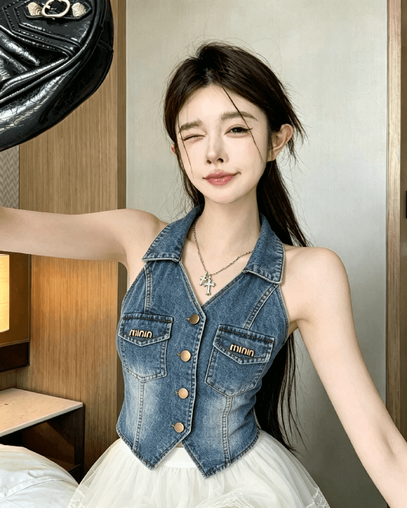실사 정가 여름 섹시함 핫걸 아름다운 새로운 달콤한 매운맛 슬림해 보이는 폴로 칼라 행침 목 데님 조끼 상세 이미지 8