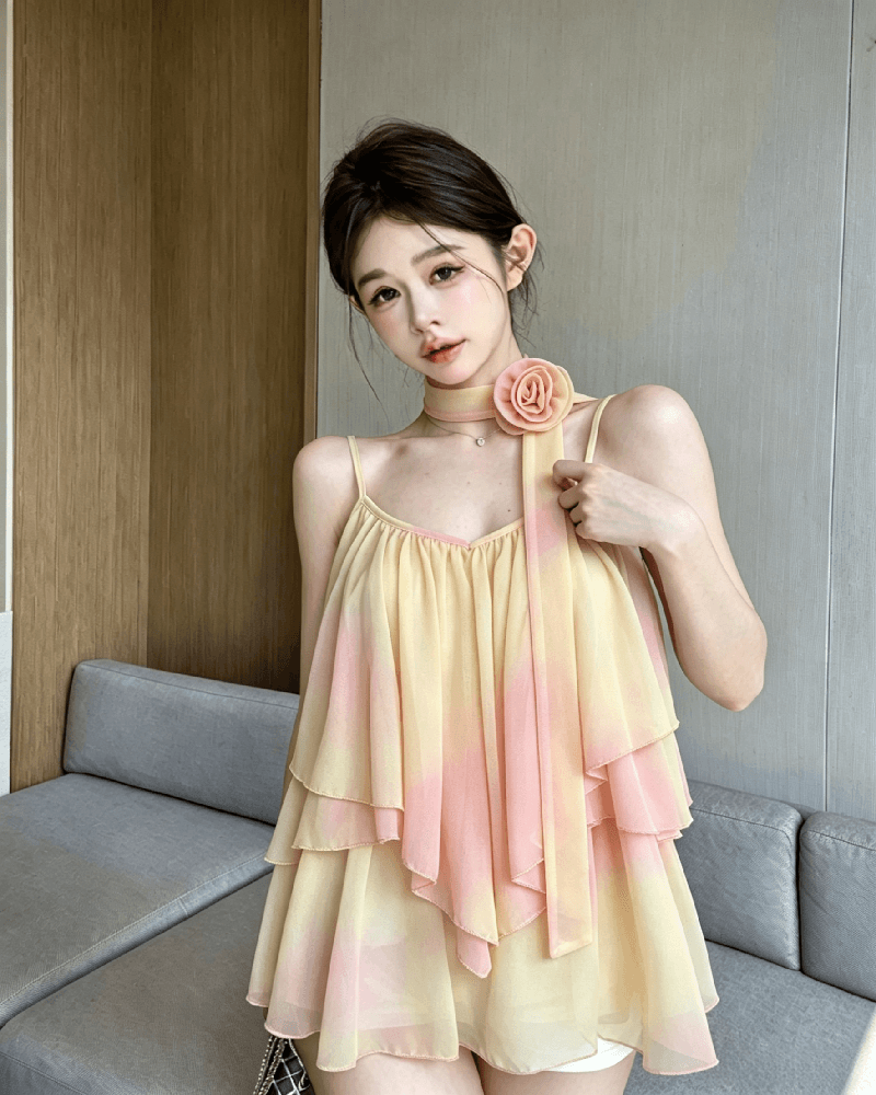 실사 정가 그라데이션 색상 시폰 셔츠 여성 여름 작은 대중 디자인 센스 루즈핏 슬림해 보이는 아름다운 슬립 맨위 상세 이미지 5