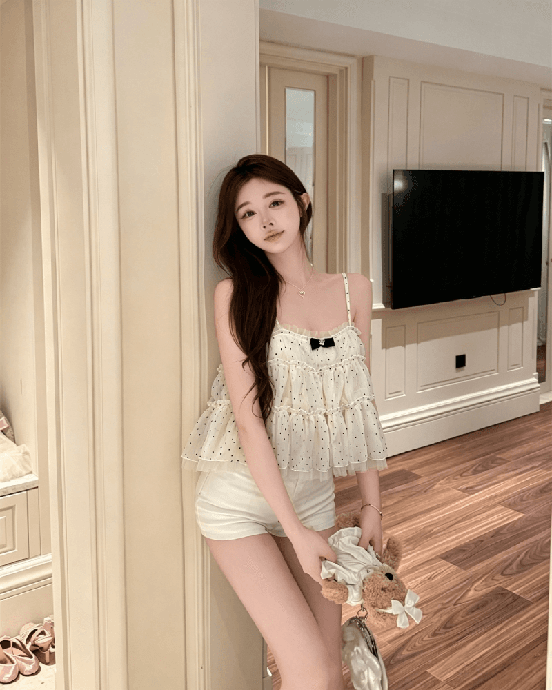 실사 정가 프랑스식 달콤함 소녀 센스 쉬폰 도트 무늬 슬립 쇼트 스타일 나비 매듭 맨위 상세 이미지 10