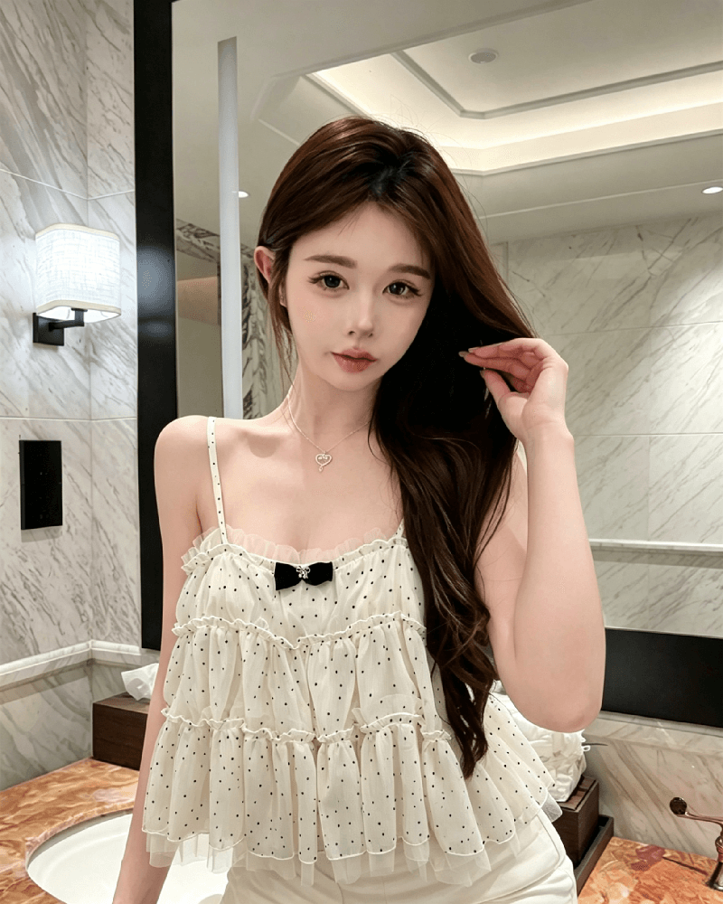 실사 정가 프랑스식 달콤함 소녀 센스 쉬폰 도트 무늬 슬립 쇼트 스타일 나비 매듭 맨위 상세 이미지 9