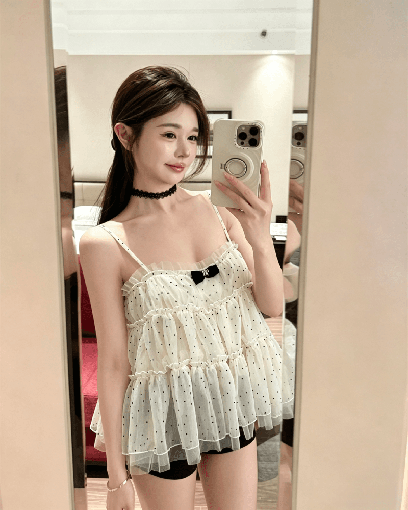 실사 정가 프랑스식 달콤함 소녀 센스 쉬폰 도트 무늬 슬립 쇼트 스타일 나비 매듭 맨위 상세 이미지 3