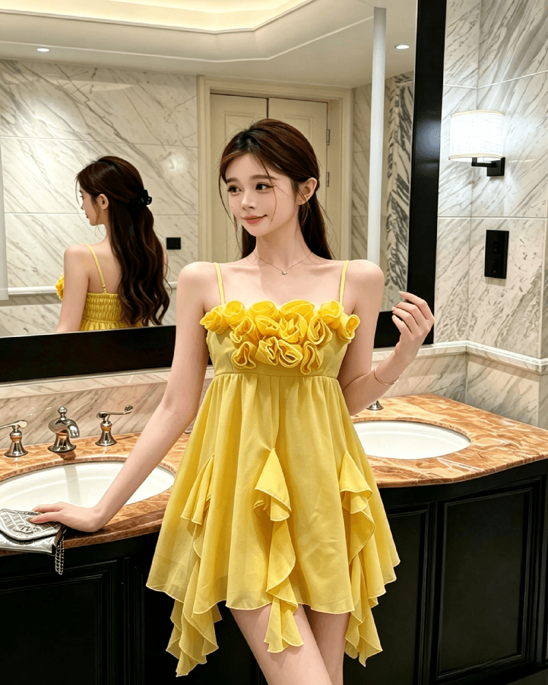 실사 정가 불규칙 꽃 슬립 여성 드레스 여름 해변가 휴가 바람 프릴 아름다운 짧은 치마 상세 이미지 3