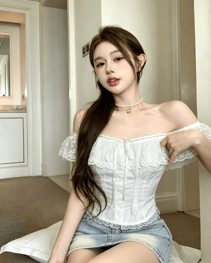 실사 정가 오프숄더 레이스 레이스 허리 수축 슬림해 보이는 여성 셔츠 여름 작은 대중 달콤함 품격 오프숄더 맨위 상세 이미지 2