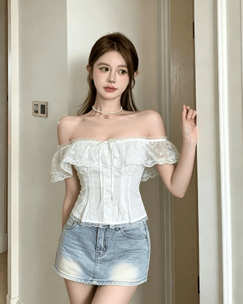 실사 정가 오프숄더 레이스 레이스 허리 수축 슬림해 보이는 여성 셔츠 여름 작은 대중 달콤함 품격 오프숄더 맨위 상세 이미지 4