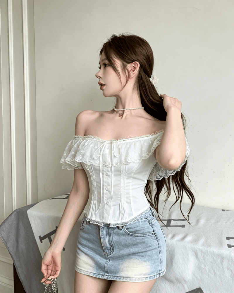 실사 정가 오프숄더 레이스 레이스 허리 수축 슬림해 보이는 여성 셔츠 여름 작은 대중 달콤함 품격 오프숄더 맨위 상세 이미지 8