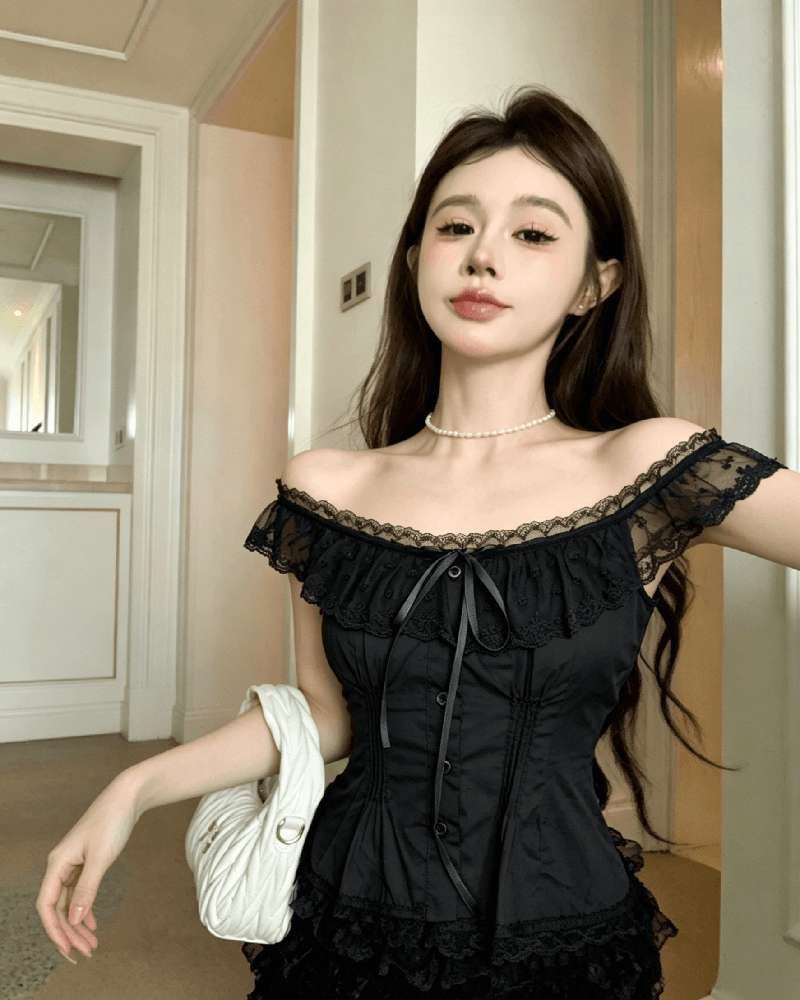 실사 정가 오프숄더 레이스 레이스 허리 수축 슬림해 보이는 여성 셔츠 여름 작은 대중 달콤함 품격 오프숄더 맨위 상세 이미지 10