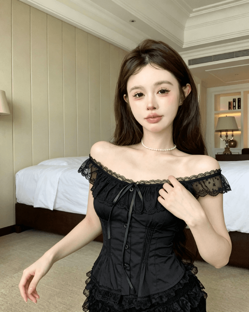 실사 정가 오프숄더 레이스 레이스 허리 수축 슬림해 보이는 여성 셔츠 여름 작은 대중 달콤함 품격 오프숄더 맨위 상세 이미지 15