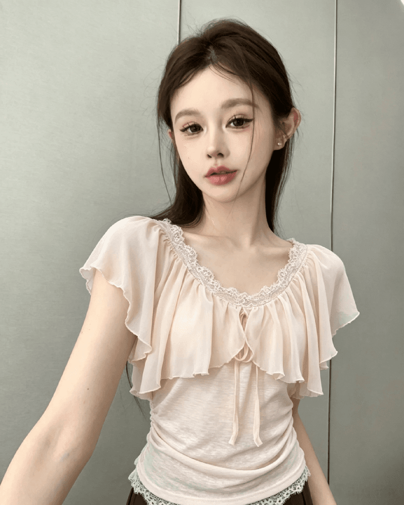 실사 정가 프랑스식 품격 순수한 욕망 페이크 레이어드 레이스 레이스 패치워크 반팔 작은 셔츠 여성 여름