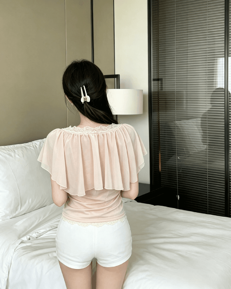 실사 정가 프랑스식 품격 순수한 욕망 페이크 레이어드 레이스 레이스 패치워크 반팔 작은 셔츠 여성 여름 이미지 4
