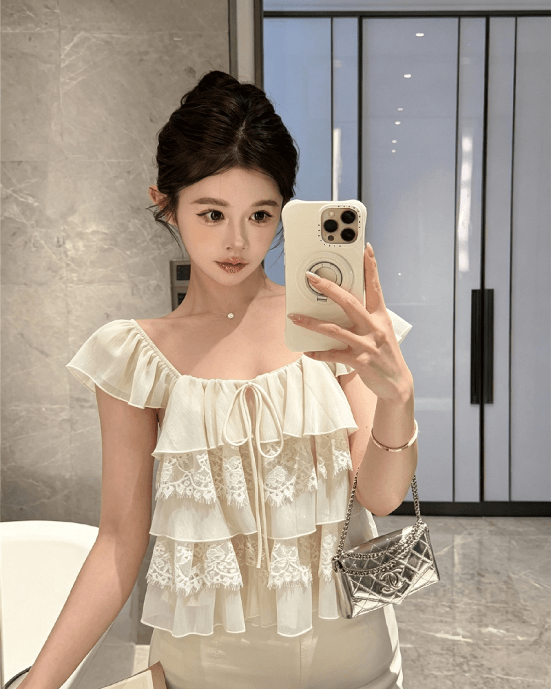 실사 정가 프랑스식 Feifei 소매 레이스 조각 쉬폰 작은 셔츠 여성 여름 순수한 욕망 한 부서 디자인 센스 루즈핏 맨위 상세 이미지 1